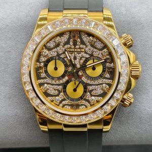 Custom Super Clone Gold Daytona – Diamond Pattern Dial × Baguette Bezel × Black Rubber Style (China, Custom Workshop)
