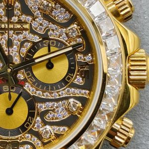 Custom Super Clone Gold Daytona – Diamond Pattern Dial × Baguette Bezel × Black Rubber Style (China, Custom Workshop)