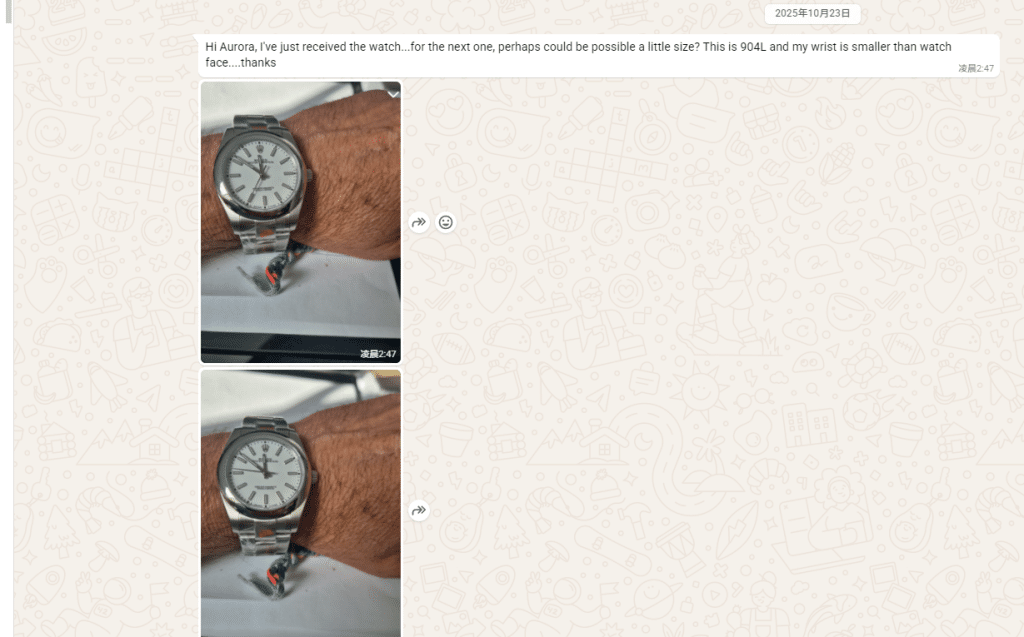 Feedback from the customer: a photo of the wearer's wrist with the Oyster Perpetual.
