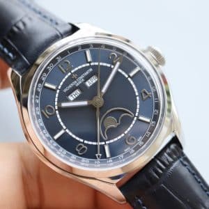 Super Clone Vacheron Constantin Fiftysix 40mm Blue Complete Calendar Dial Pink Gold Case Leather Strap MX Factory