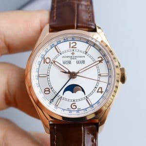 Super Clone Vacheron Constantin Fiftysix 4000E/000R-B065 40mm White Complete Calendar Dial Pink Gold Case Leather Strap MX Factory