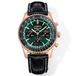 Breitling Navitimer Super Clone – BLS Factory Rose Gold Case Green Dial Black Sub-Dials on Black Leather