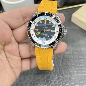Super Clone Breitling Superocean 44 Rainbow Index Black Dial Stainless Steel Yellow Rubber Strap BLS Factory