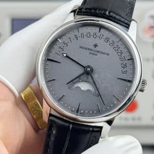 Super Clone Vacheron Constantin Patrimony Moon Phase & Retrograde Date 42.5mm Gray Dial White-Gold Case Black Leather Strap MKS Factory (Ref. 4010U / MKS 9015-Based Calendar + Moonphase Module)