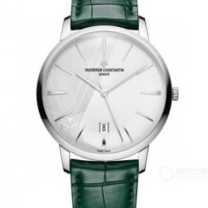 Super Clone Vacheron Constantin Patrimony 40mm Silver Engraved Dial White-Gold Case Green Leather Strap MKS Factory