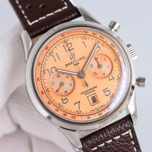 Super Clone Breitling Premier Chronograph 42 Salmon Sunburst Dial Stainless Steel Brown Leather KB Factory
