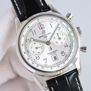 Super Clone Breitling Premier Chronograph 42 Silver Dial Stainless Steel Black Leather KB Factory
