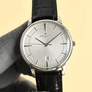 Super Clone Vacheron Constantin Patrimony 40mm Silver Engraved Dial White-Gold Case Black Leather Strap MKS Factory