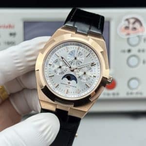 Super Clone Vacheron Constantin Overseas Perpetual Calendar Ultra-Thin 41.5mm Rose Gold Silver Dial Leather Strap 8F Factory