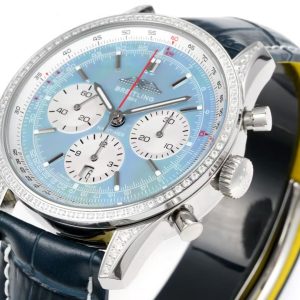 Breitling Navitimer Super Clone by VS Factory — Steel Case, Ice Blue Dial, Blue Leather Strap, Diamond Bezel
