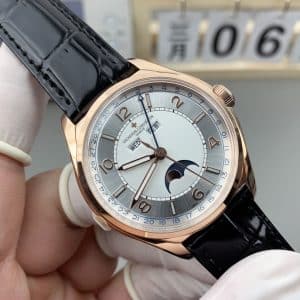Super Clone Vacheron Constantin Fiftysix 4000E/000R-B438 40mm Silver Complete Calendar Dial Pink Gold Case Leather Strap TW Factory