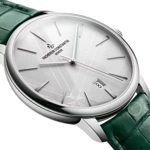Super Clone Vacheron Constantin Patrimony 40mm Silver Engraved Dial White-Gold Case Green Leather Strap MKS Factory