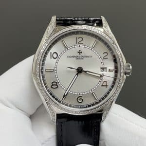 Super Clone Vacheron Constantin Fiftysix 40mm Silver Sector Dial Steel Case Diamond Bezel Leather Strap TW Factory
