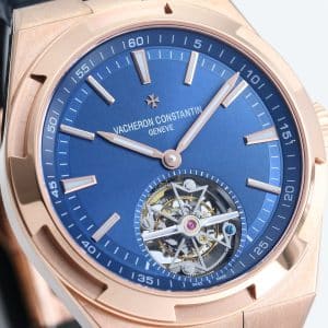 Super Clone Vacheron Constantin Overseas Tourbillon 42.5mm Blue Dial Rose Gold Leather Strap BBS Factory