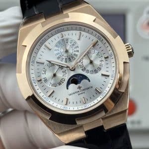 Super Clone Vacheron Constantin Overseas Perpetual Calendar Ultra-Thin 41.5mm Rose Gold Silver Dial Leather Strap 8F Factory