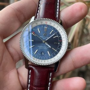 Breitling Navitimer Super Clone – BLS Factory Silver Case Blue Dial on Burgundy Leather Strap