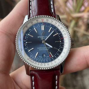 Breitling Navitimer Super Clone – BLS Factory Silver Case Blue Dial on Burgundy Leather Strap