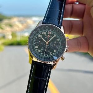 Breitling Navitimer Super Clone – BLS Factory Rose Gold Case Black 24-Hour Dial on Black Leather
