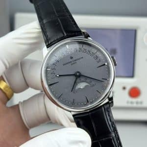 Super Clone Vacheron Constantin Patrimony Moon Phase & Retrograde Date 42.5mm Gray Dial White-Gold Case Black Leather Strap MKS Factory (Ref. 4010U / MKS 9015-Based Calendar + Moonphase Module)