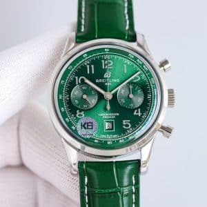 Super Clone Breitling Premier Chronograph 42 Green Sunburst Dial Stainless Steel Green Leather KB Factory