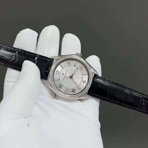 Super Clone Vacheron Constantin Fiftysix 40mm Silver Sector Dial Steel Case Diamond Bezel Leather Strap TW Factory