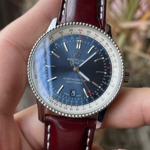 Breitling Navitimer Super Clone – BLS Factory Silver Case Blue Dial on Burgundy Leather Strap