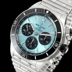 Super Clone Breitling Chronomat 42 Ice Blue Dial Black Subdials Stainless Steel Pilot Bracelet BS Factory