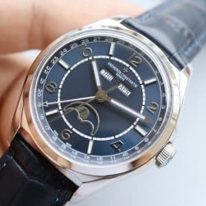 Super Clone Vacheron Constantin Fiftysix 40mm Blue Complete Calendar Dial Pink Gold Case Leather Strap MX Factory