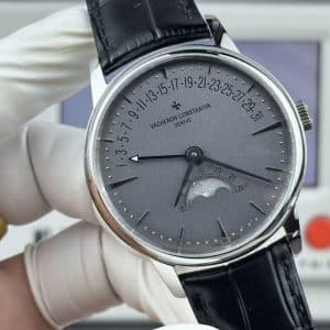 Super Clone Vacheron Constantin Patrimony Moon Phase & Retrograde Date 42.5mm Gray Dial White-Gold Case Black Leather Strap MKS Factory (Ref. 4010U / MKS 9015-Based Calendar + Moonphase Module)