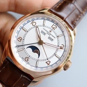 Super Clone Vacheron Constantin Fiftysix 4000E/000R-B065 40mm White Complete Calendar Dial Pink Gold Case Leather Strap MX Factory