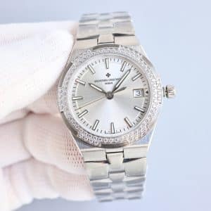 Super Clone Vacheron Constantin Overseas 33mm Mother-of-Pearl Dial Diamond Bezel Stainless Steel Integrated Bracelet PPF Factory