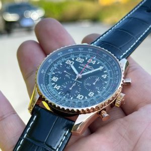 Breitling Navitimer Super Clone – BLS Factory Rose Gold Case Black 24-Hour Dial on Black Leather