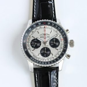 Breitling Navitimer Super Clone – F1 Factory Stainless Steel Silver Dial Black Sub-Dials on Black Leather