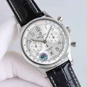Super Clone Breitling Premier Chronograph 42 Silver Dial Stainless Steel Black Leather KB Factory