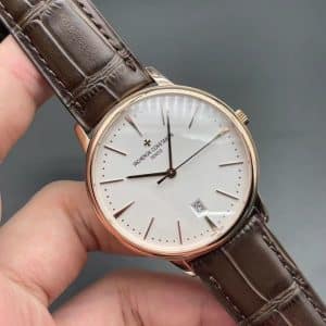 Super Clone Vacheron Constantin Patrimony 40mm White Dial Rose-Gold Case Brown Gradient Leather Strap MKS Factory (Ref. 85180 · 9015-Based 2450 Clone)