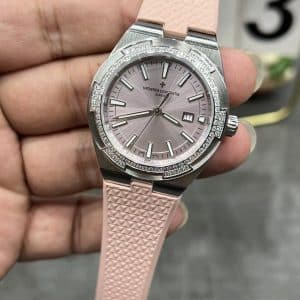 Super Clone Vacheron Constantin Overseas Lady 33mm Pink Dial Diamond Bezel Pink Rubber Strap BBS Factory