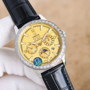 Super Clone Omega Seamaster Co-Axial Multi-Calendar 41mm Gold Dial Steel Case Leather Strap T1 Factory
