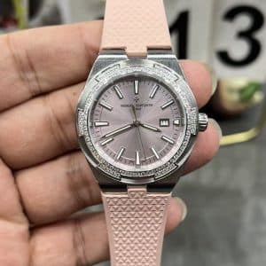 Super Clone Vacheron Constantin Overseas Lady 33mm Pink Dial Diamond Bezel Pink Rubber Strap BBS Factory