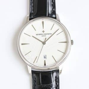 Super Clone Vacheron Constantin Patrimony 40mm Silver Engraved Dial White-Gold Case Black Leather Strap MKS Factory