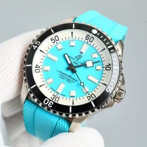 Super Clone Breitling Superocean 44 Turquoise Dial Cream Ring Black Bezel with Turquoise Rubber Strap from BLS Factory China Replica Edition