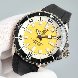 Super Clone Breitling Superocean 44 Yellow Dial Cream Ring Black Bezel on Black Rubber Strap from BLS Factory China Replica Edition