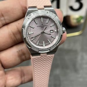 Super Clone Vacheron Constantin Overseas Lady 33mm Pink Dial Diamond Bezel Pink Rubber Strap BBS Factory