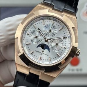 Super Clone Vacheron Constantin Overseas Perpetual Calendar Ultra-Thin 41.5mm Rose Gold Silver Dial Leather Strap 8F Factory