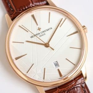 Super Clone Vacheron Constantin Patrimony 40mm Silver Engraved Dial White-Gold Case Black Leather Strap MKS Factory