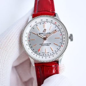 Breitling Navitimer Super Clone by BLS Factory — Steel Case, Silver Dial, Red Leather Strap