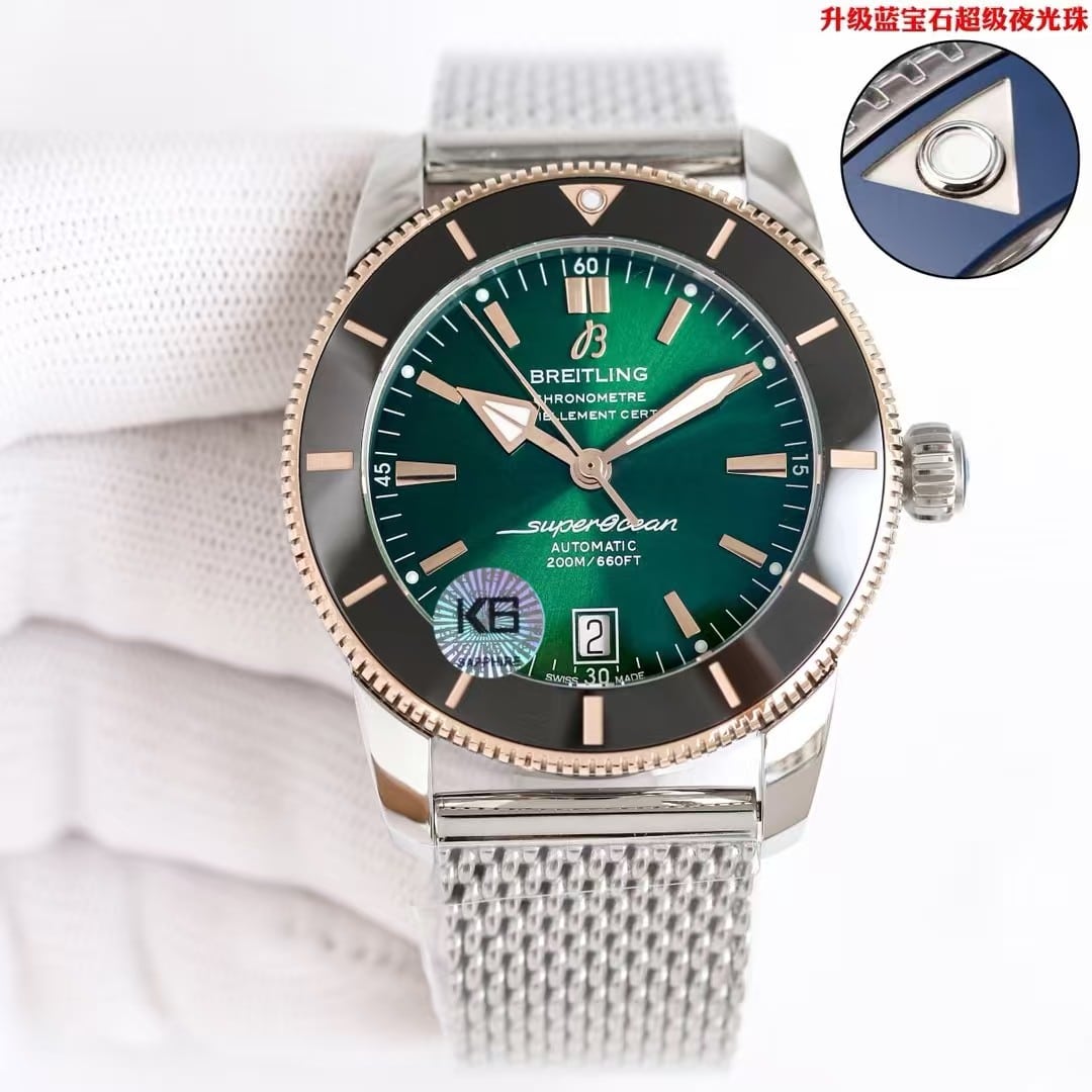 Super Clone Breitling Superocean Heritage II 42 Green Sunburst Dial Bi-Color Bezel Mesh Bracelet from KB Factory China Replica Edition