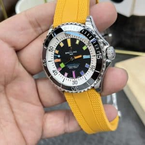 Super Clone Breitling Superocean 44 Rainbow Index Black Dial Stainless Steel Yellow Rubber Strap BLS Factory