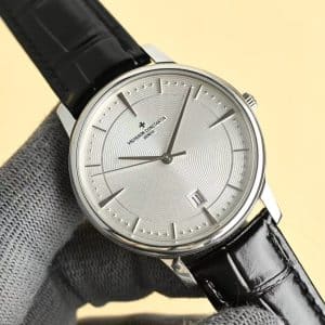 Super Clone Vacheron Constantin Patrimony 40mm Silver Engraved Dial White-Gold Case Black Leather Strap MKS Factory