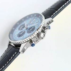 Breitling Navitimer Super Clone – F1 Factory Stainless Steel Ice Blue Dial Black Sub-Dials on Black Leather