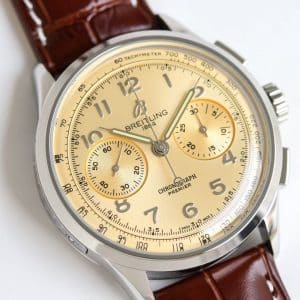 Super Clone Breitling Premier Chronograph 42 Champagne-Gold Dial Stainless Steel Brown Leather BLS Factory